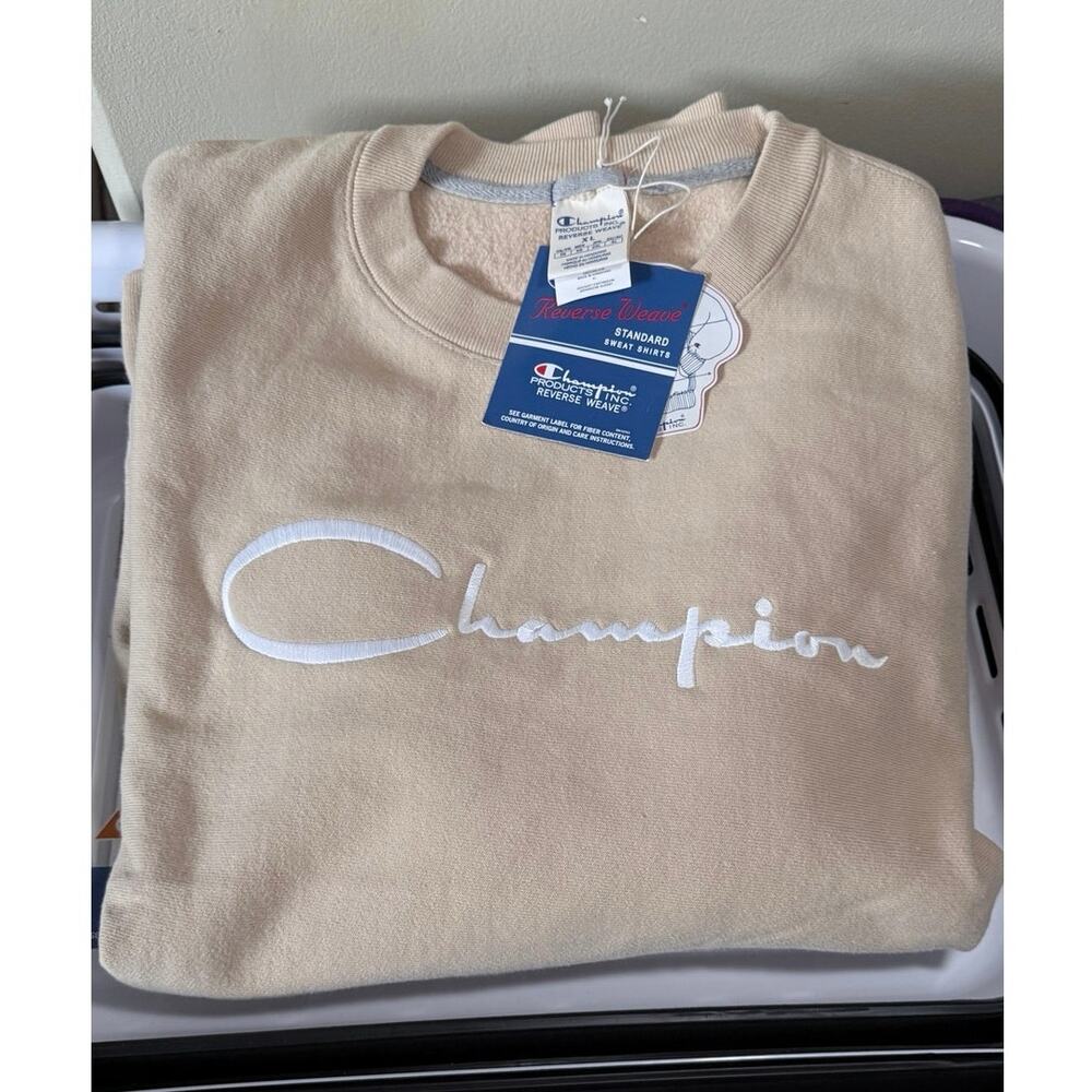 Champion Reverse Weave Sweatshirt XL Tan Beige Script Logo NWT